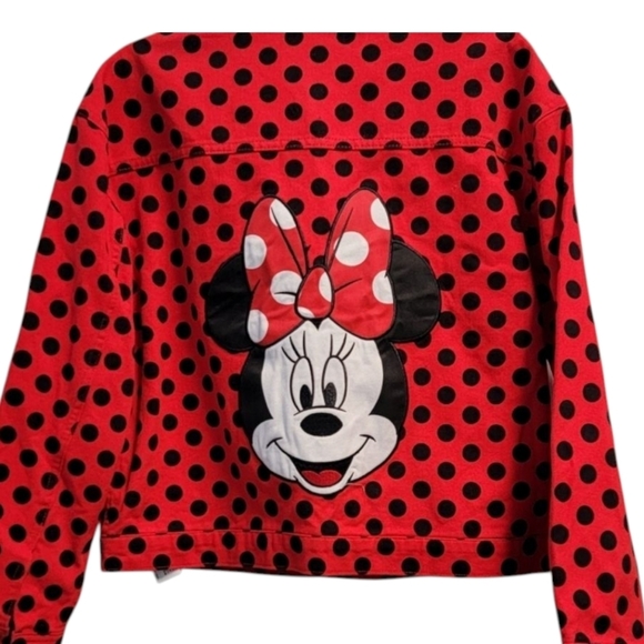 🔹️ DISNEY 🔹️Minnie Mouse Denim red black polkadot dot  Jean Jacket size S✨️⚫️ - Picture 1 of 4